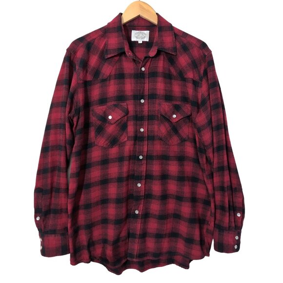 Gibson Flannel Shirt Mens L Tall Red Black Plaid Pearl Snap Country Western - Picture 1 of 7
